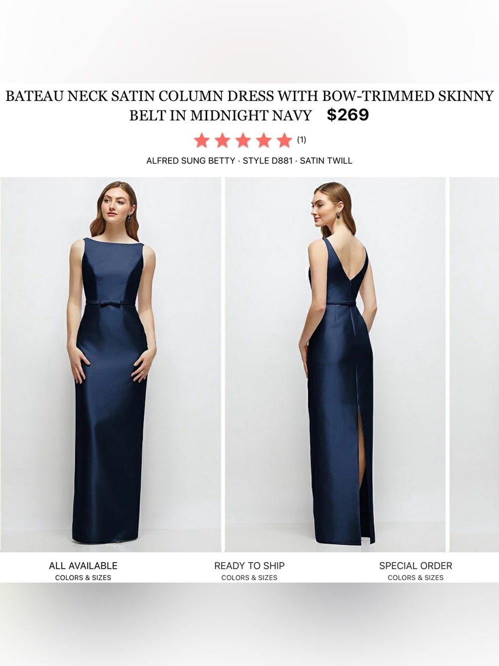 ALFRED SUNG Midnight Navy Satin Bateau Neck Maxi Dress
